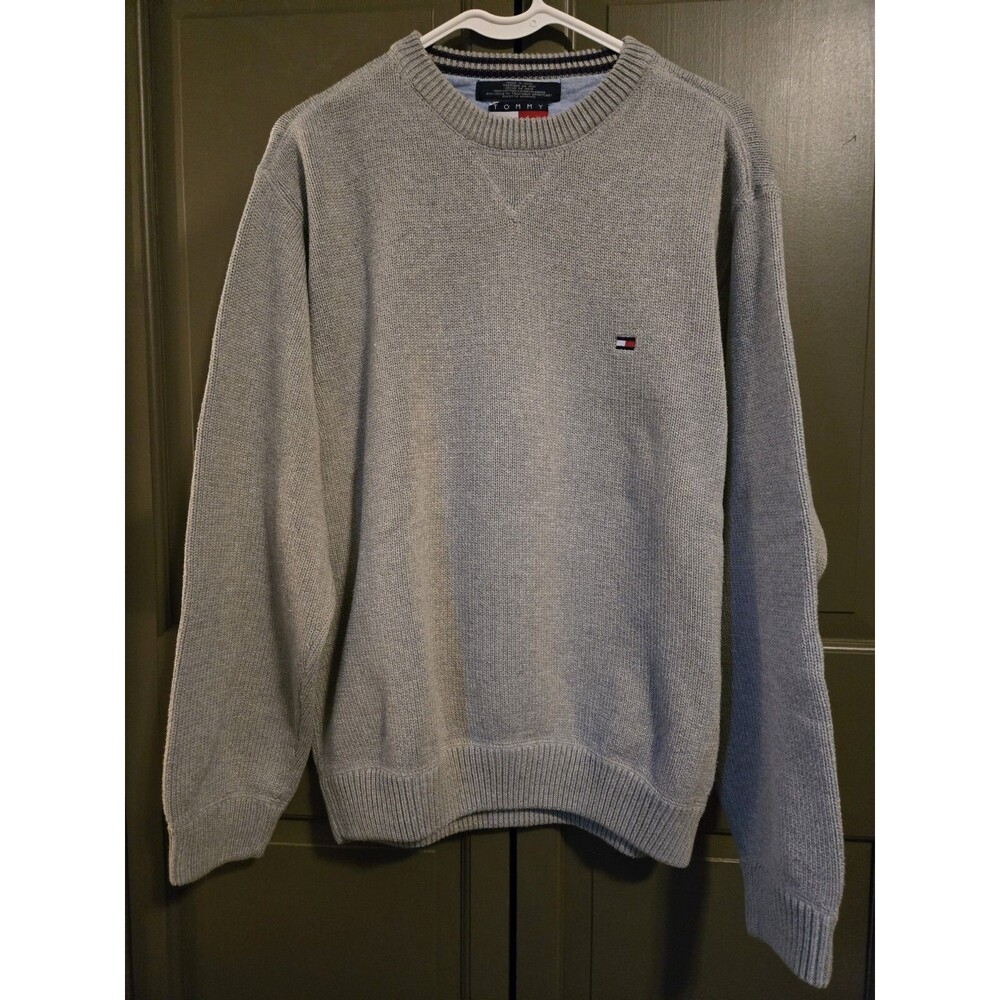 VTG Tommy Hilfiger Crewneck Sweater Mens Large L Gray Cotton Knit Pullover 90s